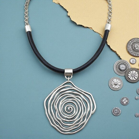 Handmade Turkish Artisan Leather Necklace Bold Zamak Spiral Flower Pendant - Picture 3 of 10